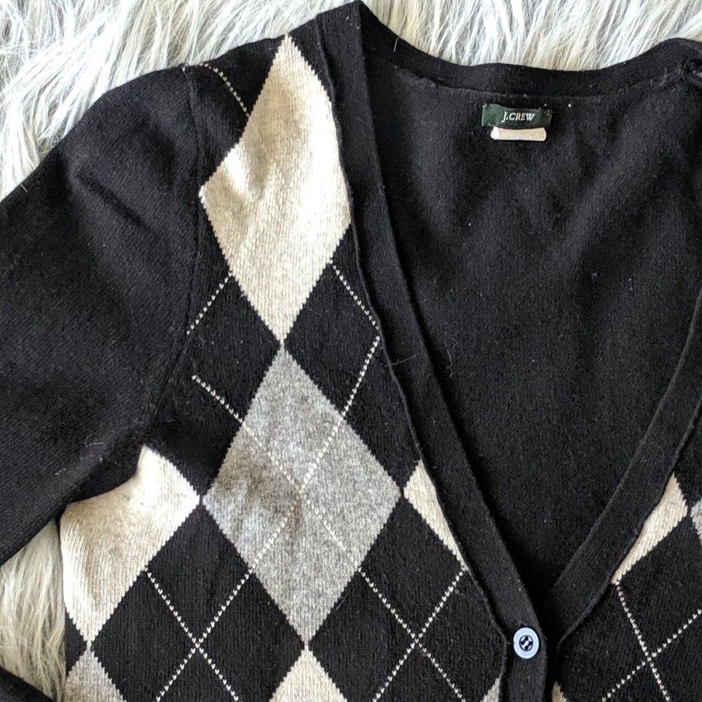 J Crew Vneck Argyle Cardigan B&W - Picture 2 of 5